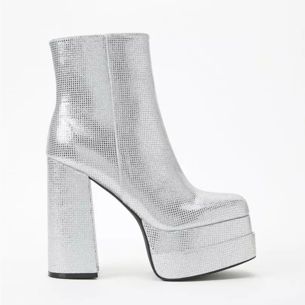 SHOE DAZZLE Silver Platform Ankle Chunky Heel Boots Rhinestone Shoes Size 6.5 - Picture 3 of 12